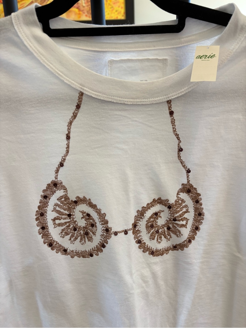 Aerie NWT Oversized Crew White Seashell Sequin Boyfriend T-Shirt - Picture 7 of 8